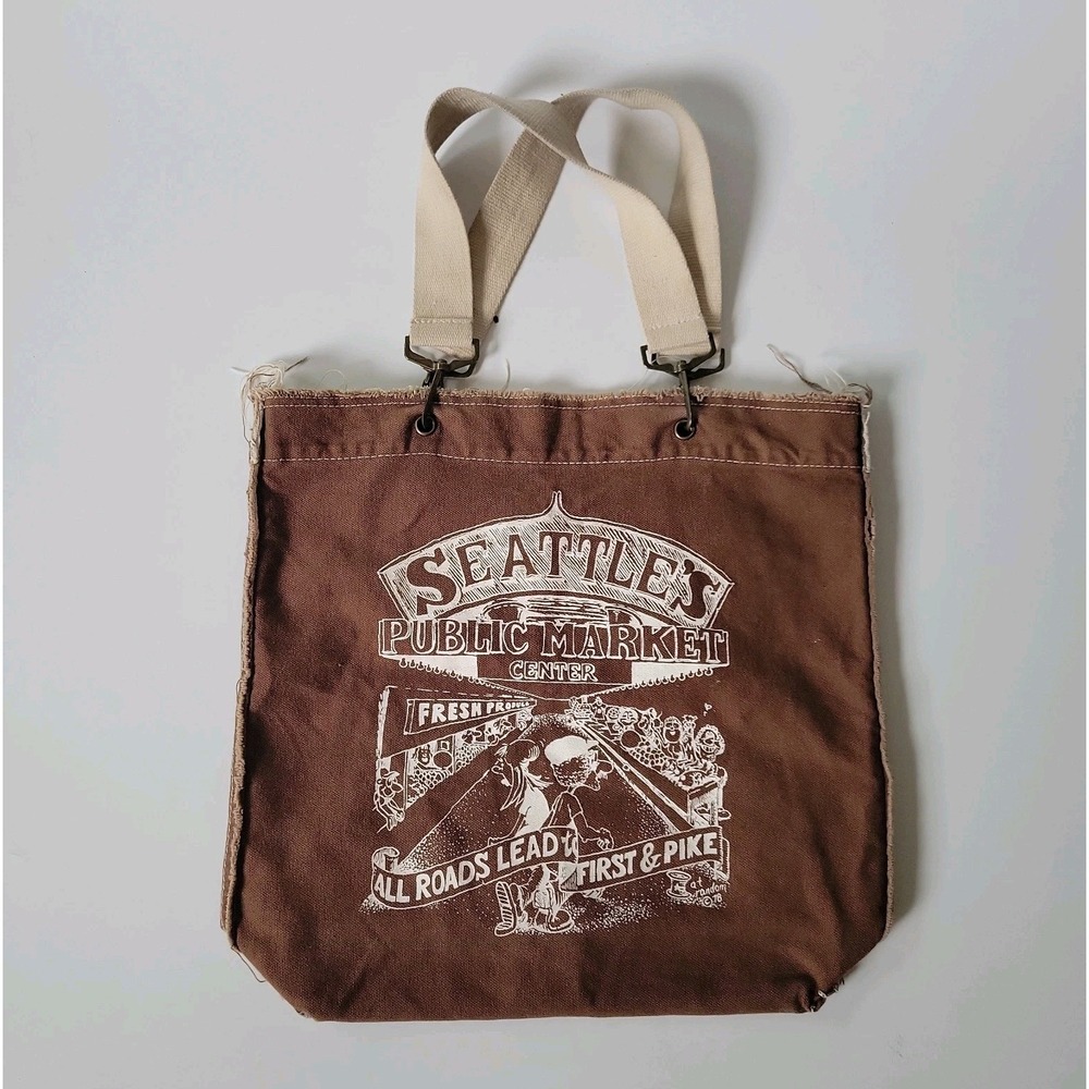 Authentic Pigment Canvas Shopper Tote Brown Seattle Public Market Graphic Vegan - Picture 9 of 15